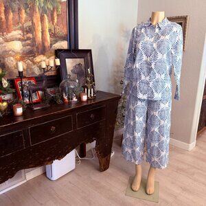 joie linen Pant & Blouse Set Blue Batik in a coastal print on a white backdrop
